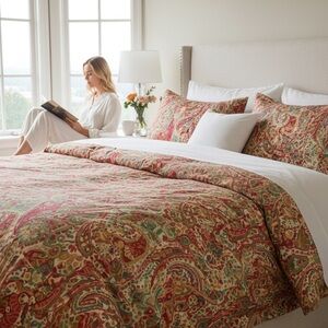 Pottery Barn Rosalie Red Paisley Floral Cotton  King Duvet Cover Rare